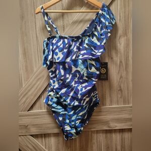 Kathy Ireland Blue and White One Piece Swimsuit Asymmetrical Design